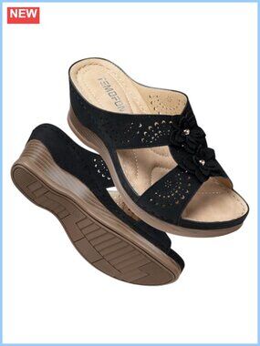 TEMOFON Womens Wedge Sandals Leather Low Wedge Walking Shoes Summer